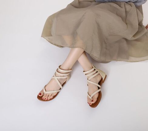 Women's Summer Strappy Flat Sandals Casual Gladiator Shoes Open Toe Sparkly Crossover Straps Dressy Fisherman Thong Sandals for Walking Beach Vacation in Kuwait