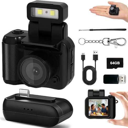 Mini Retro Video Camera Digital, Mini Keychain Camera with Sd Card, Portable Tiny Nostalgic Digital Camera, 1080p Hd with Led Flash Light (Black 32GB) in Kuwait