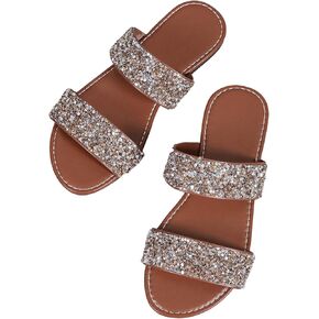 GORGLITTER Women's Rhinestone Sparkly Flat Sandals Glitter Open Toe Dressy Slip On Slides Shoes