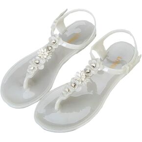 Caistre Flat Sandals for Women Bohemia Flower Jelly Shoes Fashion Summer Beach Clear Sandals Vocation Flip Flops