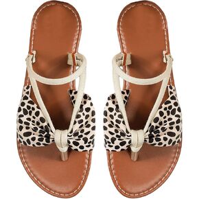 Verdusa Women's Leopard Print Bow Sandals Summer Vacation Cut Out Flat Leather Thong Sandals