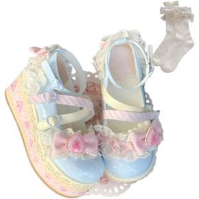 Women's Kawaii Cute Bow Strawberry Cake Lace Chunky Mary Jane Heels Round Toe Lolita Y2K Aesthetic Platform Wedge Shoes