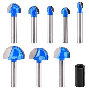 Core Box Router Bit Set, 8PCS Solid Carbide 1/4" Shank Woodworking Router Bit Set + Conversion Clip, Double Flute Round Nose Bits (1/4" to 1"), for Woodworking Grooves & Coves