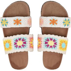 OYOANGLE Women's Floral Crochet Sandals Open Toe Double Strap Flat Sandals Slip On Outdoor Casual Slides