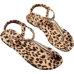 Verdusa Women's Leopard Print Metal Dressy Sandals Ankle Strap Flat Thong Sandals