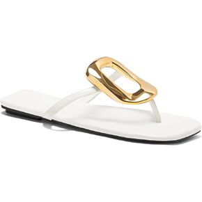 Womens Summer Square Toe Flip Flops Flat Sandals Slip On Shoes Slide Sandals with Gold Metal Decoration Dressy 2025