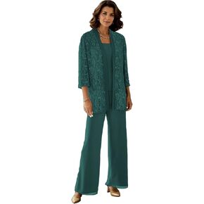 3 Pieces Mother of The Bride Pantsuits for Women Long Sleeve Lace Outfit Dressy Pant Suits with Jacket PS008