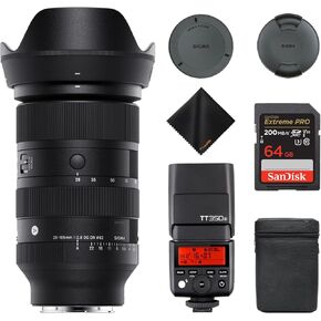 Sigma 28-105mm f/2.8 DG DN Art Lens for Sony E | Constant F2.8 Aperture w/high-Speed AF & Zoom Lock, Godox TT350S Mini TTL Flash for Sony Cameras, 64GB Extreme PRO SD Card & Cleaning Cloth Bundle