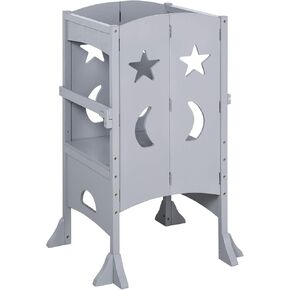 Qaba Wooden Kitchen Step Stool for Kids, Foldable Toddler Tower, Helper Stool for Kitchen Counter with Support Handles Safety Rail, Gray