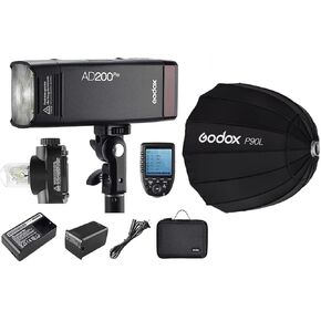 Godox AD200 Pro Godox AD200Pro Strobe Pocket Flash for Canon Camera, 200W TTL 1/8000s HSS and XPro-C Flash Trigger and Godox P90L Softbox, 500 Full Power Flashes, Bare Bulb/Speedlite Fresnel Flash Hea
