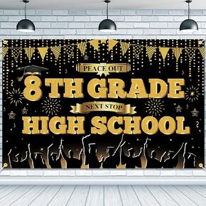 Peace out 8TH Grade Next Stop High School Backdrop Banner 71 x 45 Inch Black Gold 8th Grade Graduation Background Banner Eighth Grade Graduate Party Decorations 8TH Grade Grad Photo Booth Props