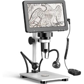 Digital Microscope with 7' LCD Screen, 12 Megapixel 1080p Photo/Video Microscope for Adult Coin Soldering, Metal Base, Wired Remote Control, Windows/Mac/TV Compatible (32GB Memory Card)