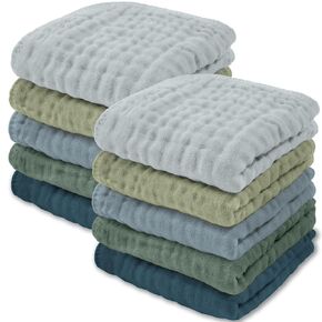 Comfy Cubs Muslin Baby Washcloths 10 Pack - Soft 6-Layer Cotton Wash Cloths for Sensitive Skin - 10"x10" Large, Gentle, Absorbent Infant Essentials for Newborn and Toddlers - Multi Boy