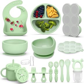 16 Pack Silicone Baby Feeding Set, BPA-Free Baby LED Weaning Supplies, Include Suction Plates, Baby Bowls, Silicone Fork & Spoon, and More, First Stage Baby Food Eating Utensils - 6+ Months(Green)
