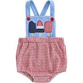 Newborn Baby Girl 4th of July Outfit Popsicle Embroidery Plaid Sleeveless Bubble Romper Overalls Patriotic Clothes