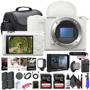 Sony Alpha ZV-E10 II Mirrorless Camera (Body Only, White) (ZVE10M2KW), 4K Monitor, Pro Mic, 2 x 64GB Memory Card, Photo Software, Bag, 3 x NP-FZ100 Battery, External Charger, More