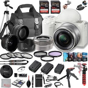 Sony ZV-E10 Mirrorless Camera with 16-50mm Lens, 128GB Extreem Speed Memory,.43 Wide Angle & 2X Lenses, Case, Tripod, Filters,Spare Battery & Charger, Editing Software Kit -Deluxe Bundle (White)