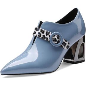 TinaCus Women's Handmade Patent Leather Pointed Toe Mid Chunky Heel V-Shaped Side Zip Up Pumps with Modern Buckle Decor