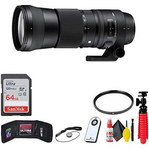 Sigma 150-600mm f/5-6.3 DG OS HSM Contemporary Lens for Canon EF + 64GB Sandisk Ultra SD Card (Deluxe Bundle) with Accessories