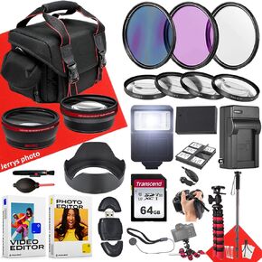 حزمة ملحقات 55 مم لـ Canon EOS R10 + زاوية واسعة وعدسة تليفوتوغرافية + بطارية + 64 جيجابايت بطاقة ذاكرة + فلاش عبيد + مرشحات + monopod + أكثر (حزمة 26pc)