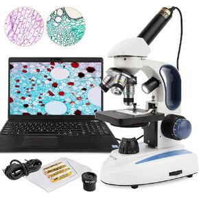 AmScope M158C-E2 Digital Cordless Compound Monocular Microscope, WF10x and WF25x Eyepieces, 40x-1000x Magnification, LED Illumination with Rheostat, Brightfield, Single-Lens Condenser, Coaxial Coarse and Fine Focus, Plain Stage, 110V or Battery-Powered, I
