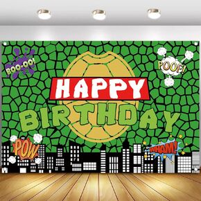 Green Turtle Theme Happy Birthday Photography Backdrop, 5x3ft City Skyline Buildings Background Photo Booth Banner Props for Kids Girls Boys Birthday Baby Shower Holiday Party Decorations Supplies