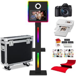 DSLR Photo Booth Machine with Camera and Printer,15.6" Touch Screen Mirror Photo Booth Machine Built-in Mini PC APP/Remote Control RGB Light with Flight Case (Black Booth+Cameras+Printer)