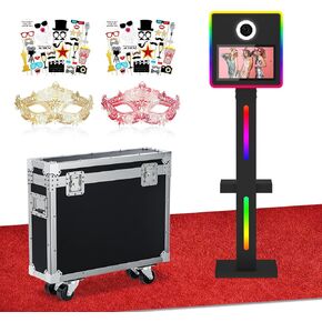 Mirror Photo Booth with 15.6'' Touch Screen, DSLR Photo Booth Machine with Flight Case/Built-in Mini PC APP Remote Control RGB Light (White, Booth+Camera+Printer)