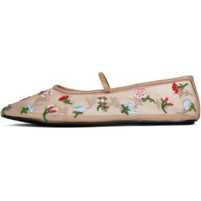 Women's Mesh Ballet Flats Embroidered Floral Mary Jane Flats Casual Comfortable Round Toe Ballerina Shoes