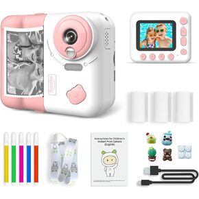 Kids Camera Instant Print, Christmas Birthday Gifts for Girls Boys 4 5 6 7 8 9 10 12 Years Old, 1080P HD Video & Instant Camera with Color Pens for DIY, Digital Camara with Print Paper & 32G Card
