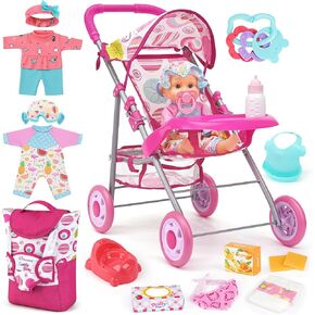 Baby Doll Stroller Set with 12.5" Doll, Baby Dining Table, Backpack with Carrier, 21 PCS Baby Doll Accessories Stroller Toys, 2 Sets Doll Clothes, Feeding Set Girls Toddlers Gifts for Pretend Play