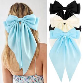 Velscrun 3Pcs Women's Hair Accessories Gifts: White, Black, and Khaki Oversized Satin Hair Bows with Long Tails, Barrettes, and Clips for Girls