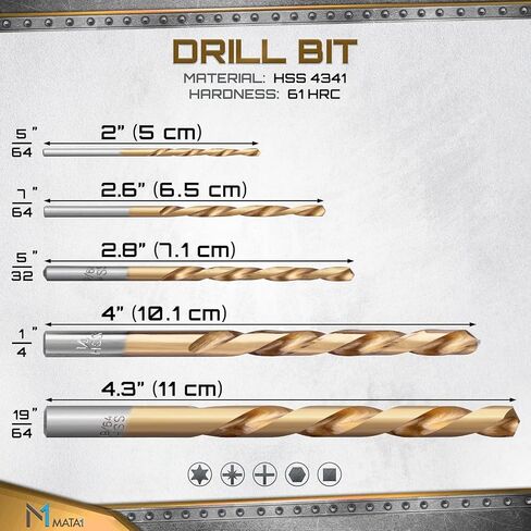 Left Hand Drill Bit Set - 10 pc, Silver & Gold - Metal Extractor Bits to Remove Stripped Broken Screws & Bolts w/Iron Storage Case in Saudi Arabia