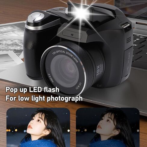 Digital Camera, 4K 60M DSLR Camera with LED Flash, LCD Screen, 12x Optical 6X Digital Zoom, Video Recorder for Travel Portrait Scenery (Black) in Saudi Arabia