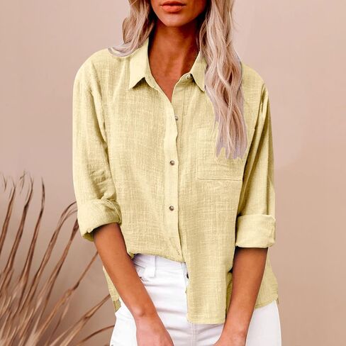 Long Sleeve Shirt Women Button Up Cotton Linen Tunic Tops Lightweight Gauze Loose Casual Blouses Clothes 2025 in Kuwait