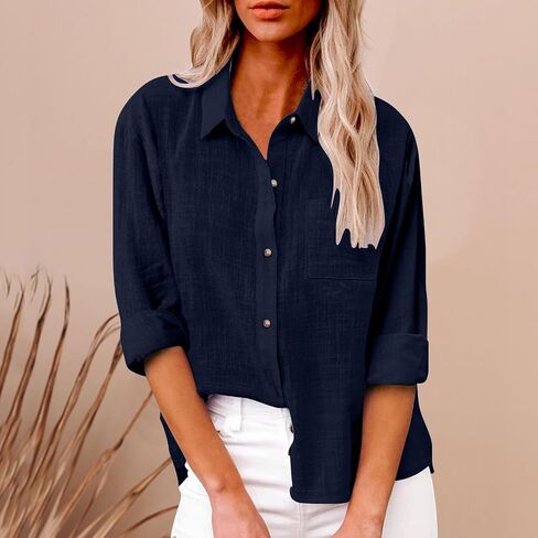 Long Sleeve Shirt Women Button Up Cotton Linen Tunic Tops Lightweight Gauze Loose Casual Blouses Clothes 2025 in Kuwait