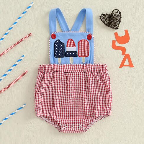 Newborn Baby Girl 4th of July Outfit Popsicle Embroidery Plaid Sleeveless Bubble Romper Overalls Patriotic Clothes in Saudi Arabia