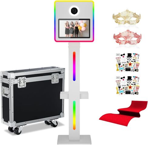 آلة كشك صور DSLR مع الكاميرا والطابعة ، 15.6 "شاشة تعمل باللمس مرآة صورة كشك المدمج في Mini PC APP/RGB التحكم RGB مع علبة الطيران (Black Booth+Cameras+Printer) in Kuwait