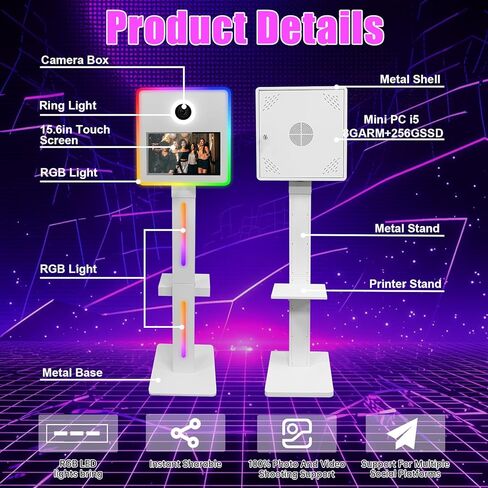 آلة كشك صور DSLR مع الكاميرا والطابعة ، 15.6 "شاشة تعمل باللمس مرآة صورة كشك المدمج في Mini PC APP/RGB التحكم RGB مع علبة الطيران (Black Booth+Cameras+Printer) in Kuwait