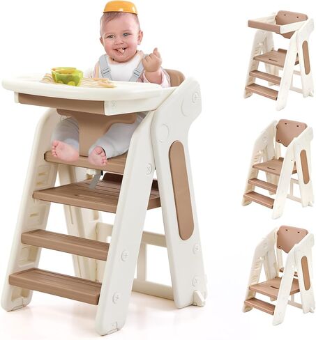 4-in-1 Convertible Toddler Step Stool, Adjustable Height Toddler Tower, Foldable Standing Tower with Safety Fence & Removable Dining Tray, Kids Step Stool for Kitchen Counter Bathroom Sink (Khaki) in Saudi Arabia