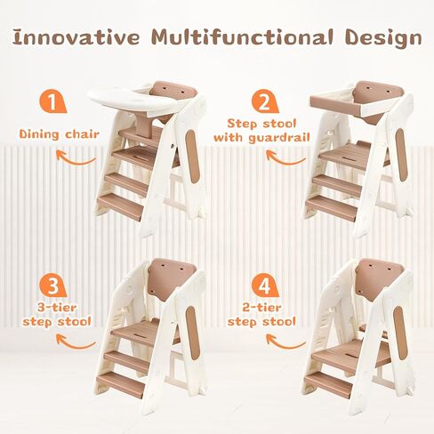 4-in-1 Convertible Toddler Step Stool, Adjustable Height Toddler Tower, Foldable Standing Tower with Safety Fence & Removable Dining Tray, Kids Step Stool for Kitchen Counter Bathroom Sink (Khaki) in Saudi Arabia