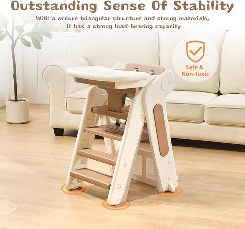 4-in-1 Convertible Toddler Step Stool, Adjustable Height Toddler Tower, Foldable Standing Tower with Safety Fence & Removable Dining Tray, Kids Step Stool for Kitchen Counter Bathroom Sink (Khaki) in Saudi Arabia
