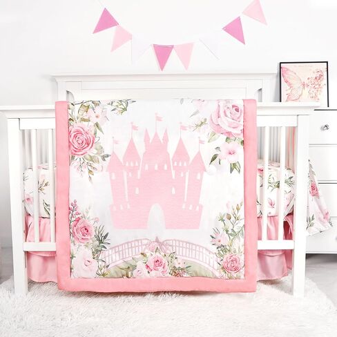 TANOFAR 4-Piece Crib Bedding Set for Baby Girls, Floral Castle Nursery Bedding Set Includes Comforter, Fitted Crib Sheet, Crib Skirt, and Diaper Stacker, Pink in Saudi Arabia