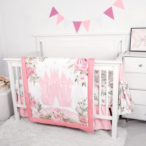 TANOFAR 4-Piece Crib Bedding Set for Baby Girls, Floral Castle Nursery Bedding Set Includes Comforter, Fitted Crib Sheet, Crib Skirt, and Diaper Stacker, Pink in Saudi Arabia