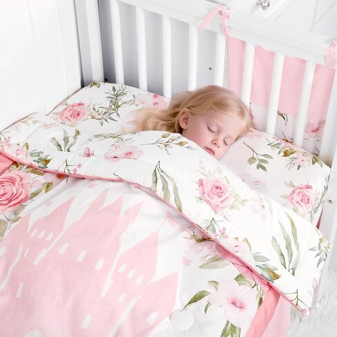 TANOFAR 4-Piece Crib Bedding Set for Baby Girls, Floral Castle Nursery Bedding Set Includes Comforter, Fitted Crib Sheet, Crib Skirt, and Diaper Stacker, Pink in Saudi Arabia