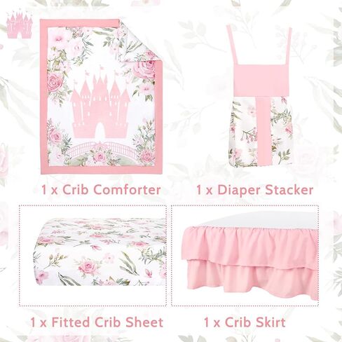 TANOFAR 4-Piece Crib Bedding Set for Baby Girls, Floral Castle Nursery Bedding Set Includes Comforter, Fitted Crib Sheet, Crib Skirt, and Diaper Stacker, Pink in Saudi Arabia