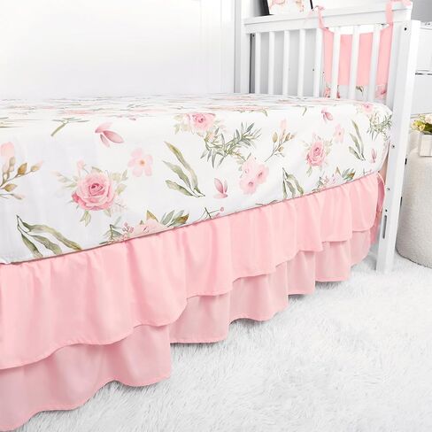TANOFAR 4-Piece Crib Bedding Set for Baby Girls, Floral Castle Nursery Bedding Set Includes Comforter, Fitted Crib Sheet, Crib Skirt, and Diaper Stacker, Pink in Saudi Arabia