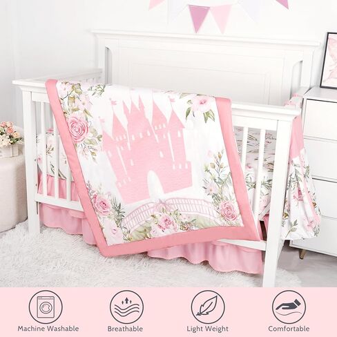 TANOFAR 4-Piece Crib Bedding Set for Baby Girls, Floral Castle Nursery Bedding Set Includes Comforter, Fitted Crib Sheet, Crib Skirt, and Diaper Stacker, Pink in Saudi Arabia