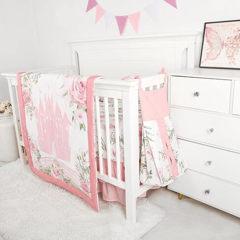 TANOFAR 4-Piece Crib Bedding Set for Baby Girls, Floral Castle Nursery Bedding Set Includes Comforter, Fitted Crib Sheet, Crib Skirt, and Diaper Stacker, Pink in Saudi Arabia