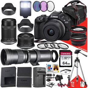 Canon EOS R50 Mirrorless Camera with 18-45mm, 55-210mm and 420-800mm Lens + 64 GB Memory + Hood + Monopod + Filters + Tripod + More (36pc Bundle) (Renewed)